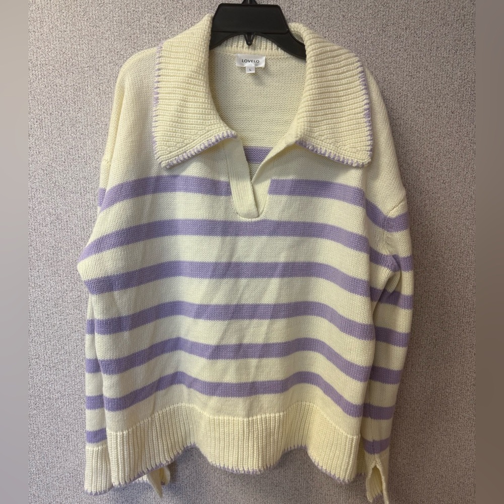 Lovelo Women Size Large Stripe‎ Pattern Knit Sweater ivory purple loose fit